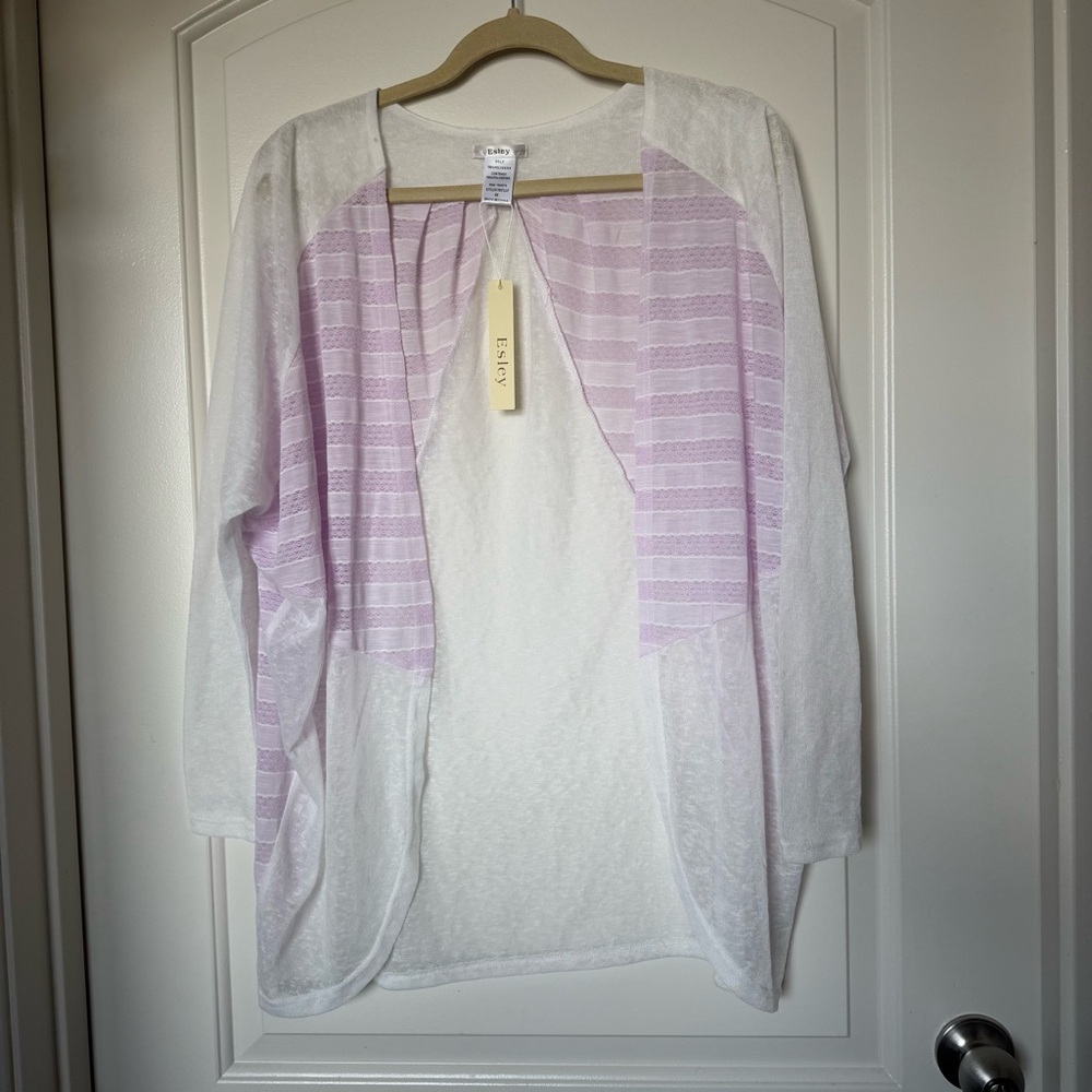 NWT Esley Lavender and White open Cardigan, layering, spring time, light weight.